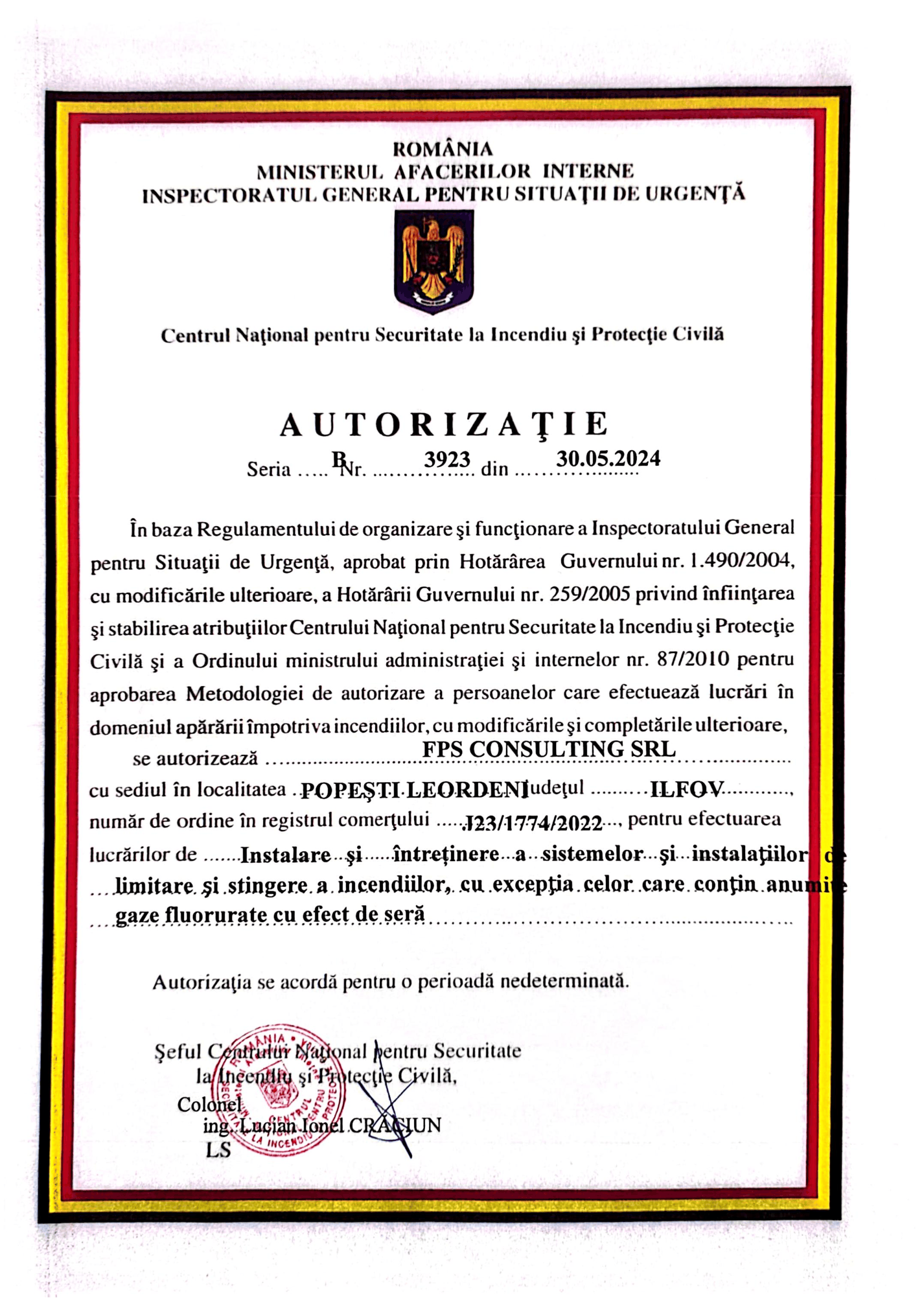 Autorizație stingere incendiu